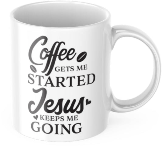 Tasse mit Spruch „Kaffee bringt mich in Schwung, Jesus hält mich am Laufen“ Kirche Kaffee Büro