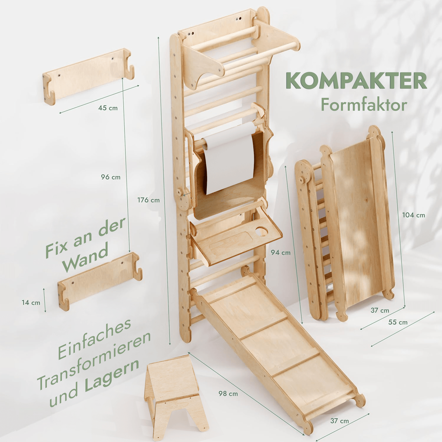 8in1 Kletterwand Indoor: Sprossenwand, Gymnastikringe, Hängende Leiter, Disc-Schaukel, Rutsche, Klimmzugstange, Maltafel und Kinderstuhl für Kinder – Beige