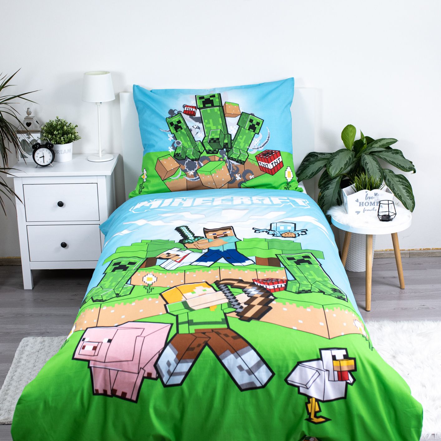 Minecraft Bettwäsche - weiche Baumwolle blau/grün 140x200 cm Kissen und Decke