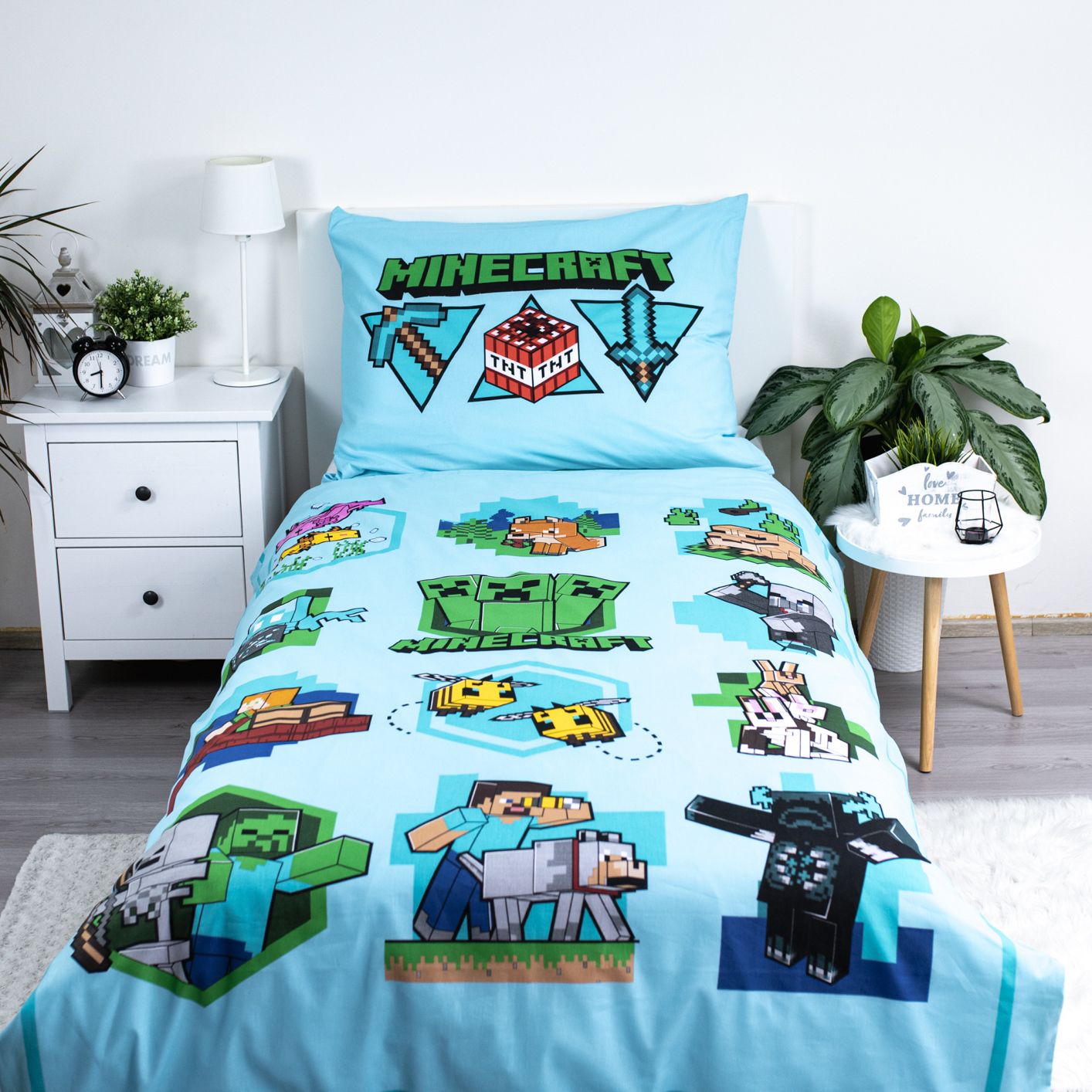 Minecraft Bettwäsche - weiche Baumwolle hellblau 140x200 cm Kissen und Decke