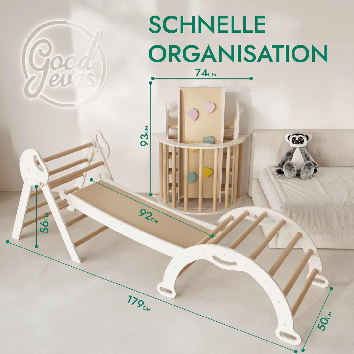 Montessori 4in1 Kletterdreieck für Babys: Pikler-Dreieck, Kletterbogen, Rutschbrett und Kissen für Kleinkinder (1–3 Jahre) - Beige