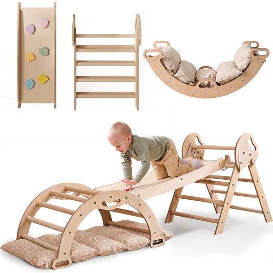 Montessori 4-in-1 Kletterdreieck für Babys: Pikler-Dreieck, Kletterbogen, Rutschbrett und Kissen für Kleinkinder (1–3 Jahre) – Beige