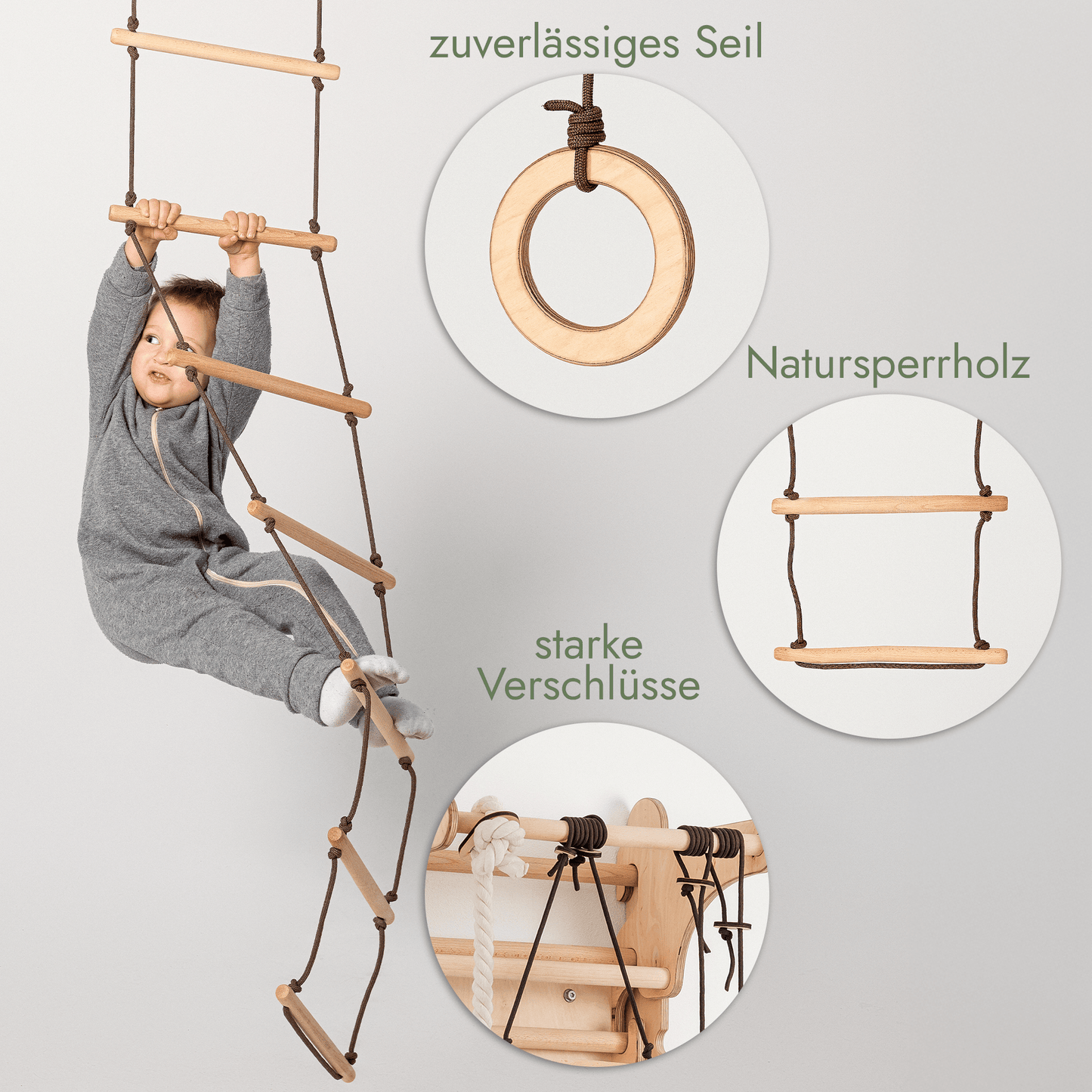 Set aus drei Schaukeln: Scheibe + Ringe + Strickleiter