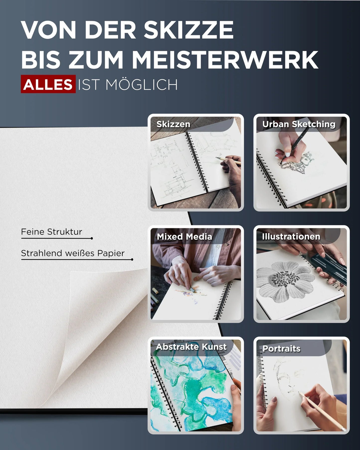 NEU: LIEBERGE Skizzenbuch A4 spiralgebunden (220g, 40 Blatt)